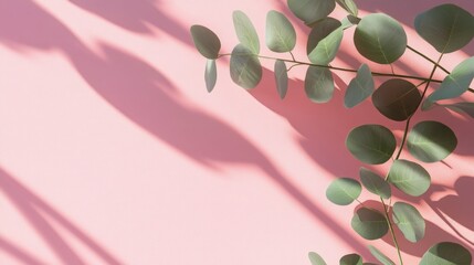 Aufkleber - Eucalyptus leaves cast shadows on a pink background. (1)