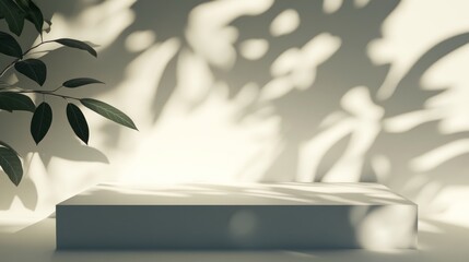 Aufkleber - Minimalist product display platform with plant shadows on a white wall.