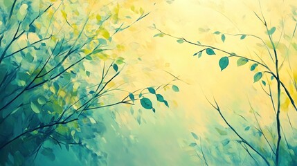 Poster - Sunlit forest canopy, teal and yellow tones, leaves and branches.