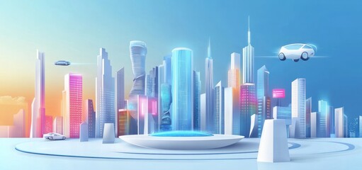 Aufkleber - Futuristic city skyline with flying cars and glowing buildings at sunset.