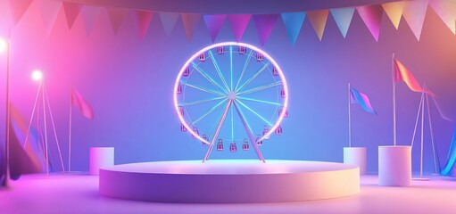 Poster - Neon Ferris wheel on a stage with colorful flags and lights.