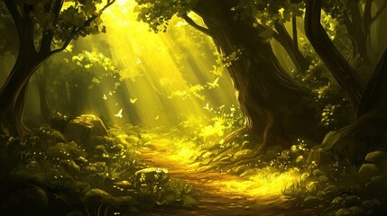 Leinwandbilder - Sunlit path through a mystical forest with butterflies and lush foliage.