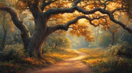 Poster - Majestic oak tree arches over a sunlit path winding through an autumnal forest.