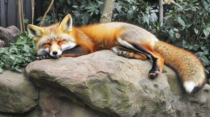 Poster - Red fox sleeping peacefully on a rock in a lush green environment.