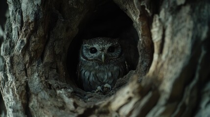 Poster - Small owl perched inside a dark tree hollow.