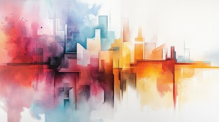 Vibrant urban tapestry, dynamic geometric forms, bold hues, modern city essence, artistic interpretation of urban life