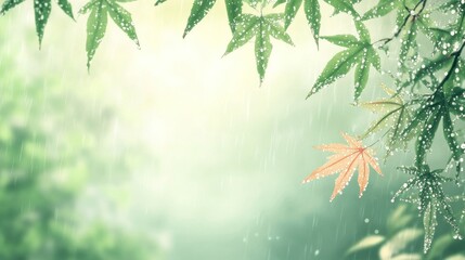 Poster - Rainy day scene with green and orange maple leaves.