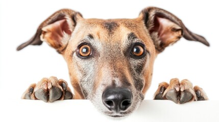 Aufkleber - Cute brown dog with big eyes peeking over a white surface.