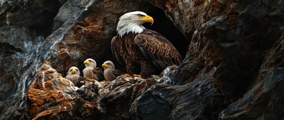 Poster - Bald eagle and three eaglets in a rock crevice nest.