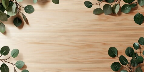 Aufkleber - Flatlay of eucalyptus branches on light wood background.