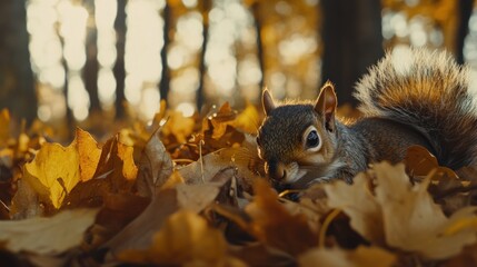 Aufkleber - A grey squirrel sits amongst autumn leaves in a forest, sunlight illuminating the scene.