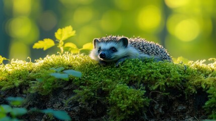 Poster - Adorable hedgehog resting on lush green moss in a sunlit forest.