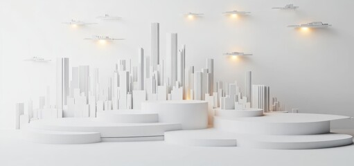 Poster - Abstract white city skyline on minimalist podiums with soft lighting.