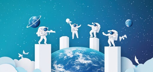 Poster - Astronauts celebrating on pillars above Earth with planets and doves.