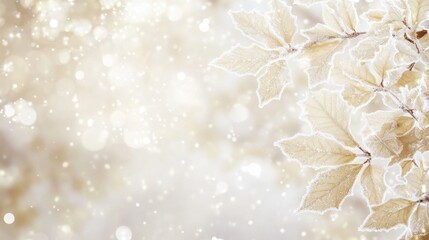Poster - Frosty beige leaves on a branch with bokeh background.