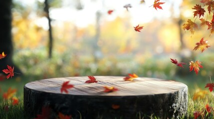 Poster - Wooden stump with autumn leaves, fall background.