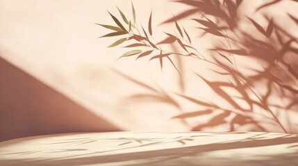 Aufkleber - Sunlight illuminates a minimalist beige backdrop with delicate plant shadows and a clean surface, ideal for product display.