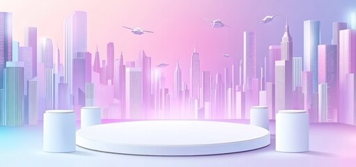 Poster - Futuristic city skyline backdrop with empty product display podium.
