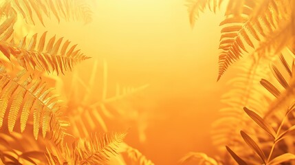 Aufkleber - Golden fern leaves frame on a warm orange background.