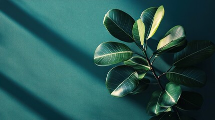 Aufkleber - Lush green plant branch with vibrant leaves casts shadows on a teal background.