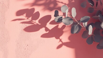 Aufkleber - Silver dollar eucalyptus branch casting shadows on a pink background.