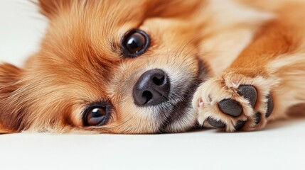Poster - Close-up of an adorable fluffy brown dog lying down, paws visible.