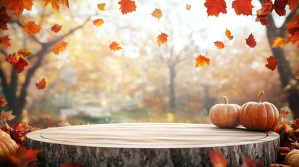 Poster - Autumnal scene with pumpkins on wooden surface, falling leaves and blurred forest background.