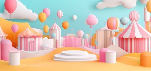 Poster - Pastel-colored circus scene with balloons, tents, and a display podium.