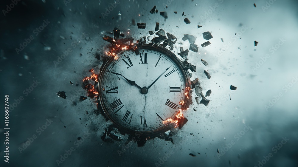 Fragmented Clock Fragmented Time, a clock face shattering into pieces, each segment ...
