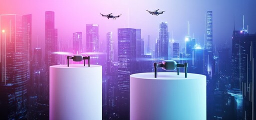 Poster - Futuristic city skyline with drones on display stands.