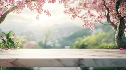 Poster - Marble table with pink cherry blossoms and mountain view.