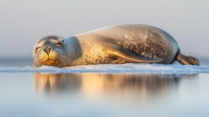 Poster - Harbor seal resting on ice floe, calm water, sunset reflection.
