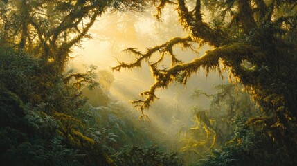Poster - Sunbeams illuminate a misty, moss-covered forest scene with lush vegetation and ancient trees.