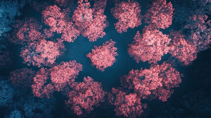 Aufkleber - Aerial view of pink and blue forest canopy at night.