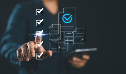 Poster - Checklist business performance monitoring concept, Business using tablet online survey filling out check digital form task, online survey question form, target marketing planning with quality control