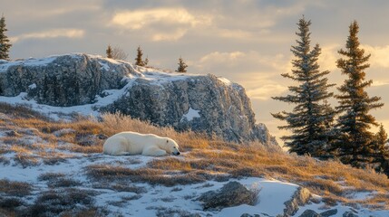 Aufkleber - Polar bear resting on snowy hill at sunset, near rocks and evergreens.