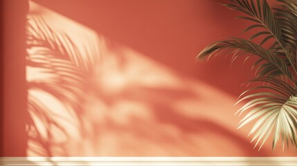 Poster - Sunlit coral wall with palm shadow and plant.