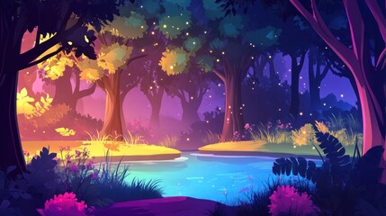 Aufkleber - Enchanting twilight forest scene with vibrant colors, glowing fireflies, tranquil river, lush foliage, and mysterious atmosphere.