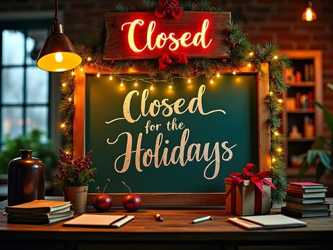Holiday display with gifts and glowing sign
