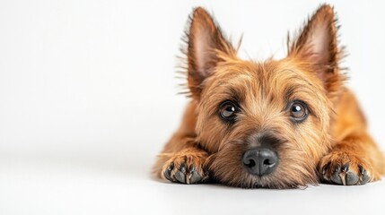 Poster - Adorable red dog lying down on white background, looking at camera.
