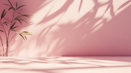 Aufkleber - Minimalist pink studio background with plant and shadow.