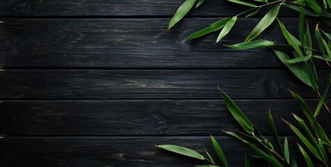 Poster - Dark wooden background with vibrant green bamboo leaves arranged on corners, leaving ample copy space.