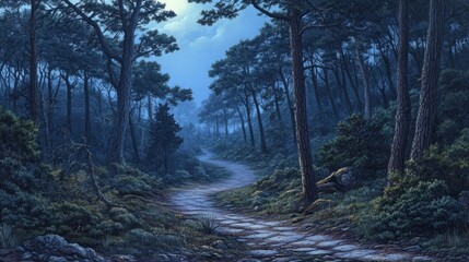 Poster - Moonlit forest path winding through tall trees and shrubs under a night sky.