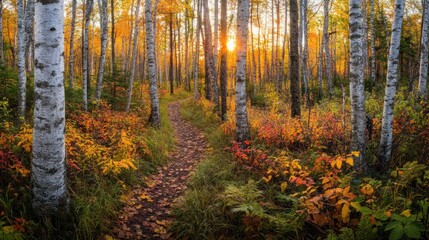Poster - Sunlit autumn path through vibrant birch forest.