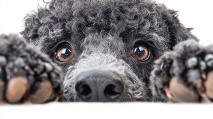 Aufkleber - Close-up of a gray poodle's face and paws peering over a white surface.