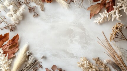 Aufkleber - Dried flowers and leaves border on a light gray background, creating a frame for text or design.