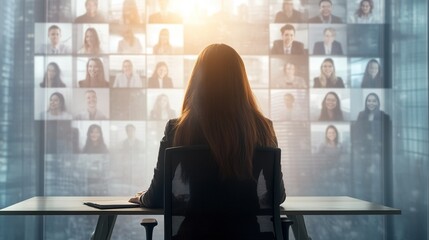 Female executive guiding hybrid meeting, diverse team engaged in collaboration, blending in-person and virtual communication, dynamic work environment