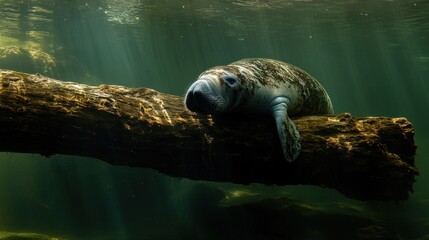Poster - Underwater shot of a manatee resting on a log in sunlit water.