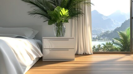 Wall Mural - A cozy, minimalist hotel bedroom with a white bed and a sleek modern drawer decorated with a glass vase of fresh greenery. The panoramic window floods the space with light .