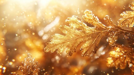 Fototapete - Golden autumn leaves with bokeh effect, sunlight shining through.